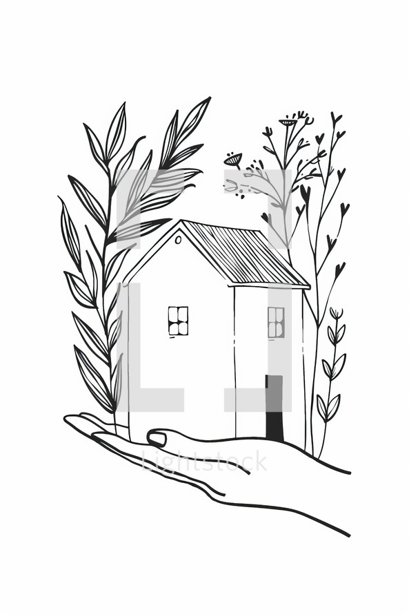 Hand-drawn illustration of a house cradled in a hand, flanked by natural elements.