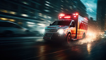 Emergency ambulance speeds through a vibrant urban landscape.