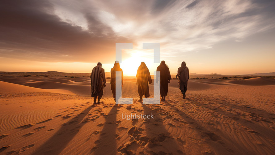Jesus and his Disciples walking through the desert during sunrise