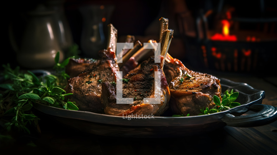 Abstract art. Colorful painting art of an exquisite plate of food. Grilled lamb chops marinated in a flavorful blend of spices