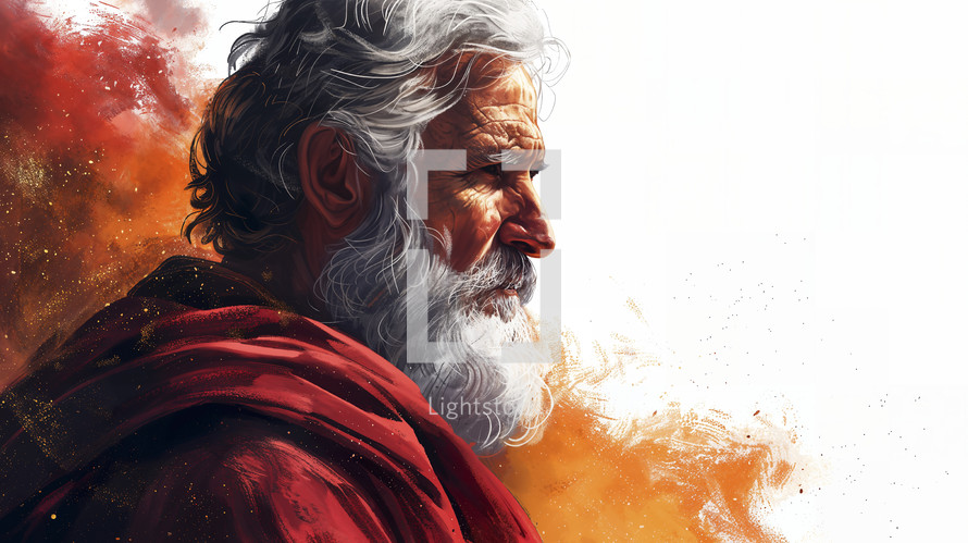 A powerful portrait of a figure reminiscent of the biblical Moses, with a red cloak and a determined expression, in a vivid, painterly style.
