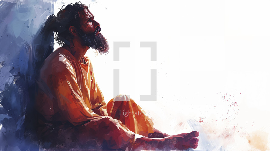 Artistic digital painting of biblical Paul in contemplation, wearing an orange robe.