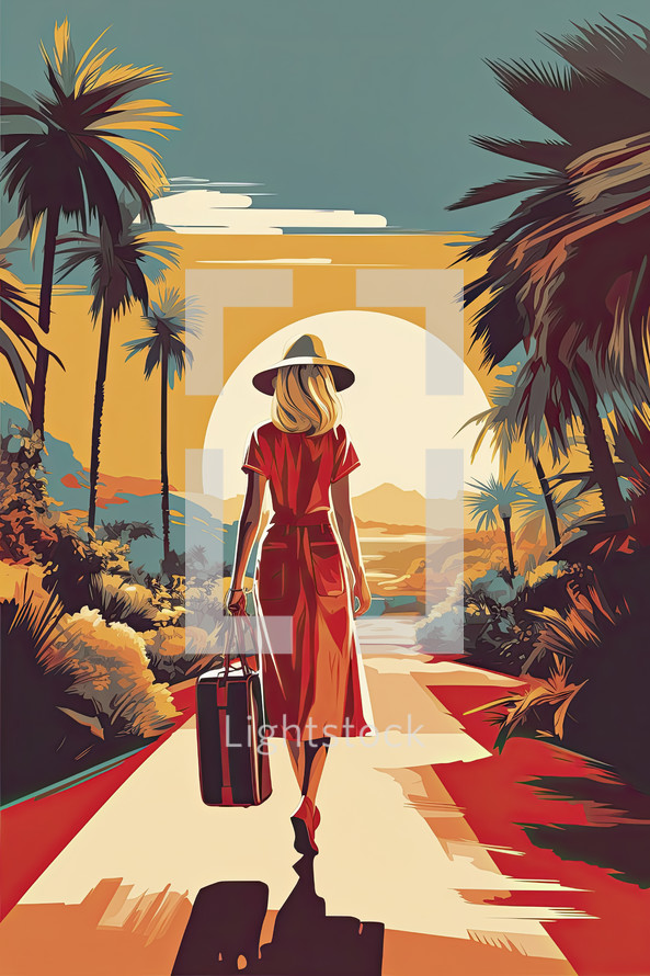 Colorful paint illustration for summer vacation. Woman with suitcase. World travel concept.