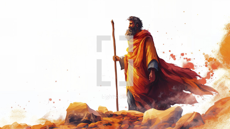 A resolute figure evocative of the biblical Moses stands with a staff in a desert landscape, wrapped in a flowing orange cloak, in a dynamic, painted style.