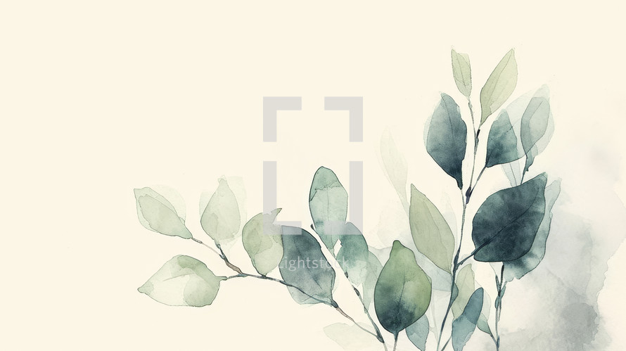 Minimalist botanical watercolor illustration featuring delicate green leaves with a soft, washed-out background.