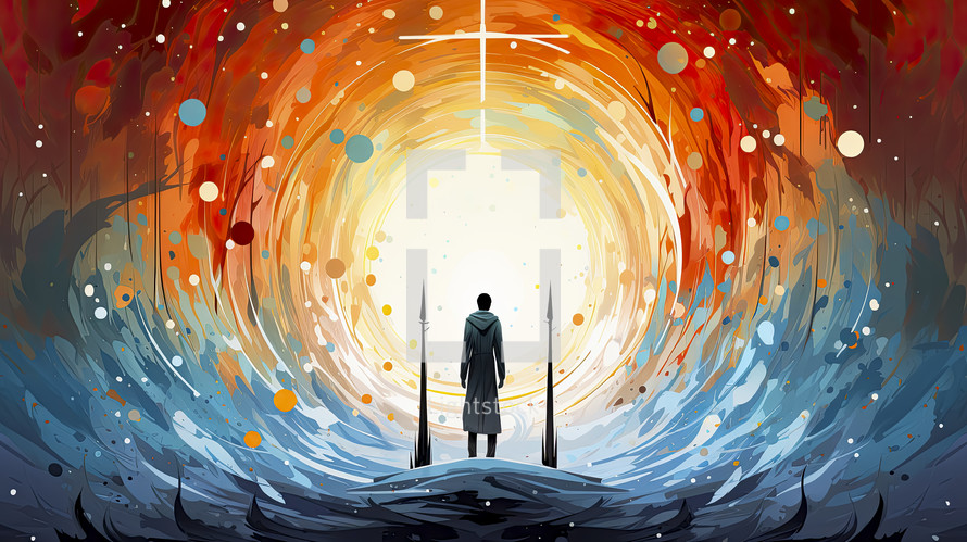 Man standing in front of the light. Christian illustration. 