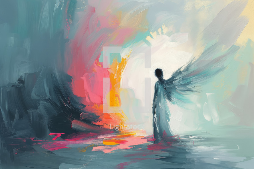 Abstract representation of angel moving the stone from Jesus' tomb, radiant colors symbolizing resurrection.