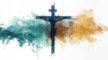 A minimalist watercolor depiction of Jesus on the cross, blending cool and warm tones with drips.