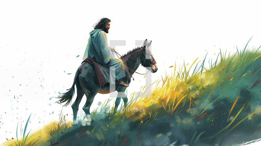 A serene illustration of Jesus riding a donkey, capturing the essence of Palm Sunday in a bright watercolor style.