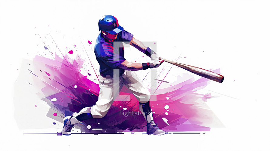 Colorful painted baseball player on white background hitting ball.