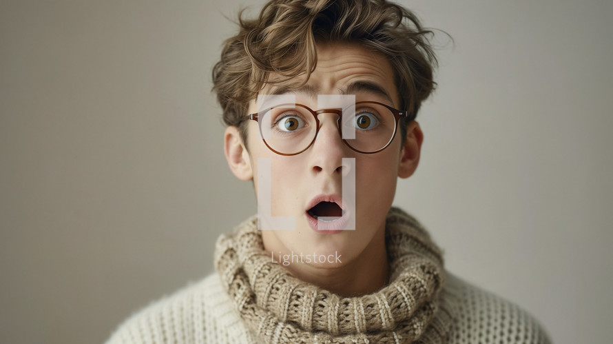 Captivating close-up of a young man with exaggerated surprise, round glasses, and chunky knitwear.