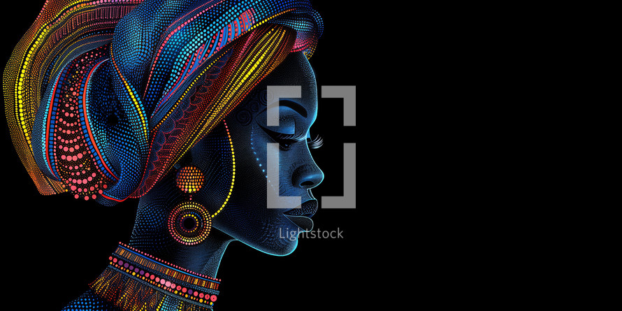 African woman in vibrant digital art with dotted patterns and colorful head wrap on a black background.