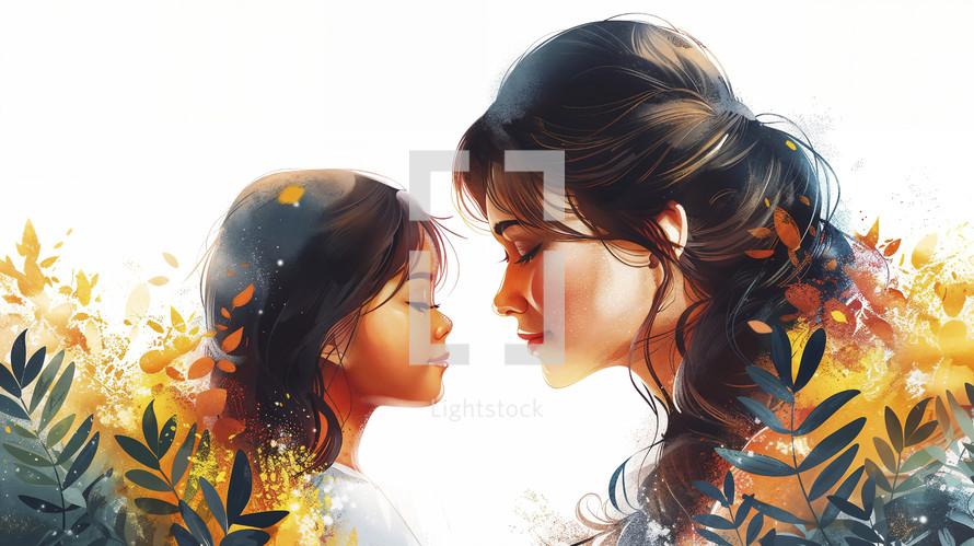Heartwarming digital art of a mother and child with a vibrant floral backdrop, celebrating Mother's Day.