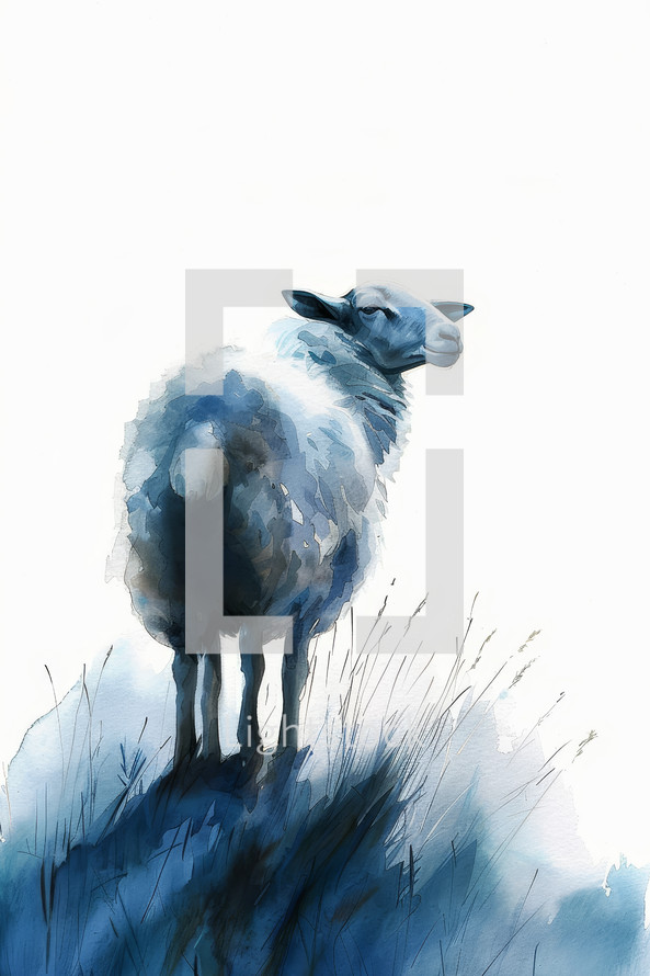 Watercolor painting of a serene sheep, a Christian symbol of peace and divinity.