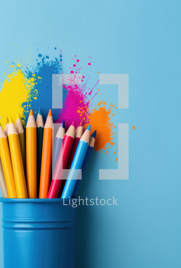 Close-up of colorful pencils in a blue holder with vibrant paint splashes on a matching blue background, symbolizing creativity and artistic expression.