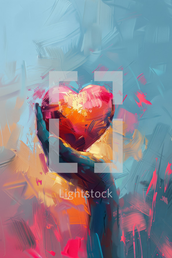 Abstract impressionistic artwork of hands tenderly holding a glowing heart, symbolizing divine love and care.