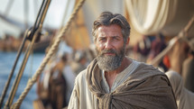 Resolute portrayal of the biblical Paul, an intellectual figure, in ancient attire on a ship.