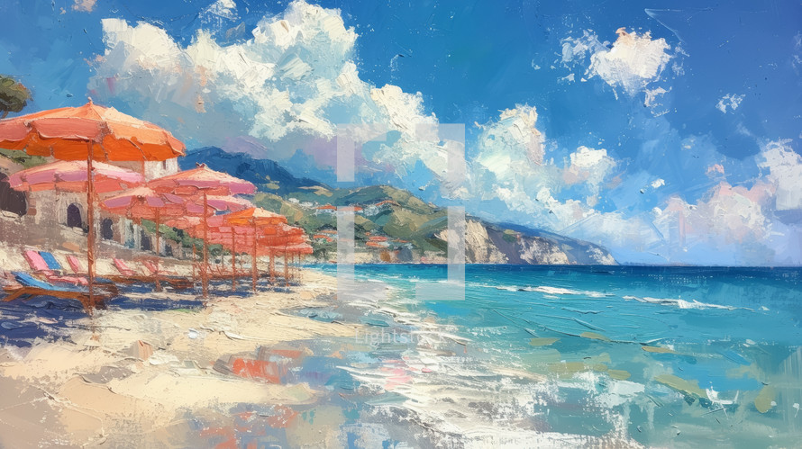Textured painting of a beach on the French Riviera with orange umbrellas and turquoise waters under a dynamic sky.
