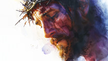 A moving portrayal of Jesus with a crown of thorns, depicted in a vivid, watercolor style, conveying deep emotion and suffering.