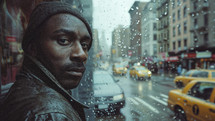 Poignant cityscape portrait of an African American man, his gaze conveying a story against the blurred backdrop of a rainy New York street with iconic yellow cabs.