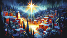 Illustration of Star of Bethlehem over city, vibrant night scene.