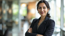 Smiling mature Indian-American businesswoman with crossed arms, exuding confidence and professionalism in an office environment.