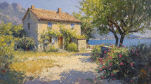 Impressionist-style painting of a quaint house in Southern France amidst a lush garden with blooming roses and a backdrop of a serene lake.