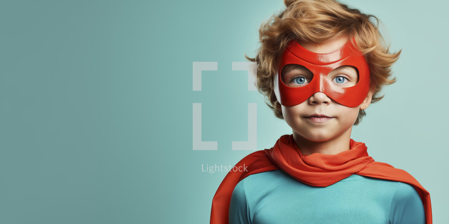 Portrait of a confident young boy dressed as a superhero with a red mask and cape, gazing upwards on a teal background.
