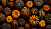 Thanksgiving background with pumpkins and squashes. African style.