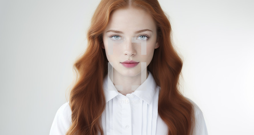 Serene young woman with long red hair and blue eyes, wearing a white dress shirt.