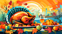Stylized Thanksgiving feast with a golden turkey and fall harvest, set against a modern cityscape.