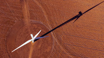 Aerial shot of wind turbines.