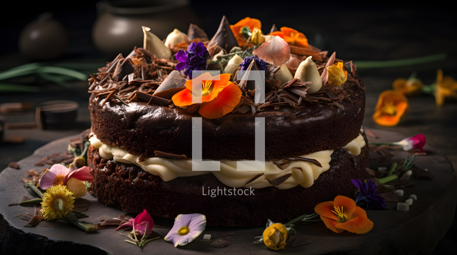 Abstract art. Colorful painting art of an exquisite plate of food. Chocolate carrot cake.