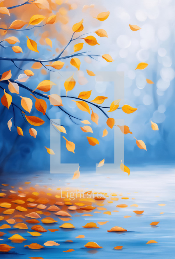 Golden autumn leaves falling gently onto a serene blue water surface, creating a tranquil and picturesque scene.