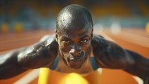 An intense portrait of an Olympic sprinter at the starting block, concentration etched on his face, muscles tensed, ready to explode into the race.