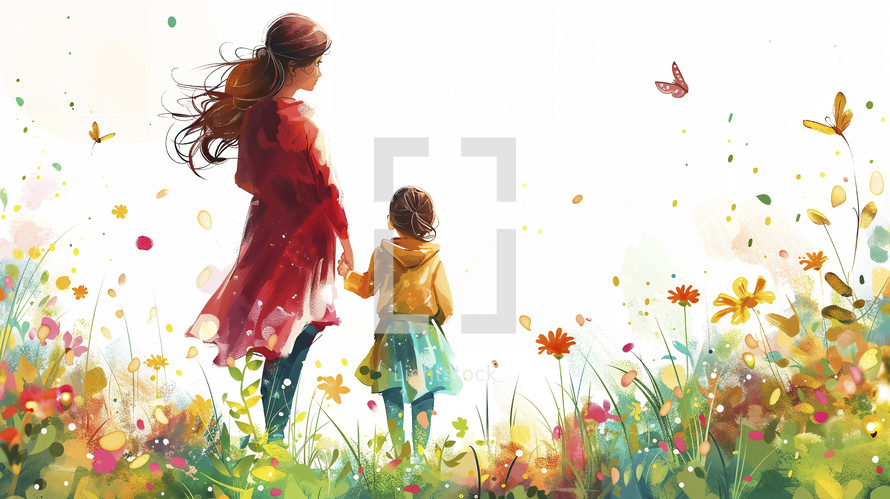 Whimsical artwork of mother and child walking hand in hand through a blooming meadow.