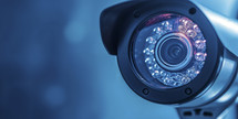 Close-up of a modern CCTV security camera with infrared night vision technology.