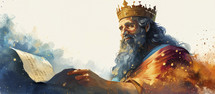 Majestic digital painting of King Solomon in a golden crown, gesturing to a scroll.
