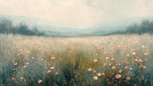 Abstract painting capturing a spring flower field under a hazy sky, with gentle hills in the background.