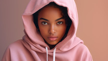 Portrait of beautiful young indian african woman wearing a hoodie looking in camera.