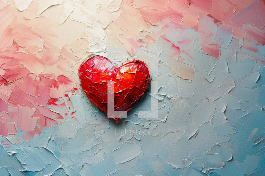 Vibrant red heart painted on a soft pink and blue textured background, symbolizing love and passion.