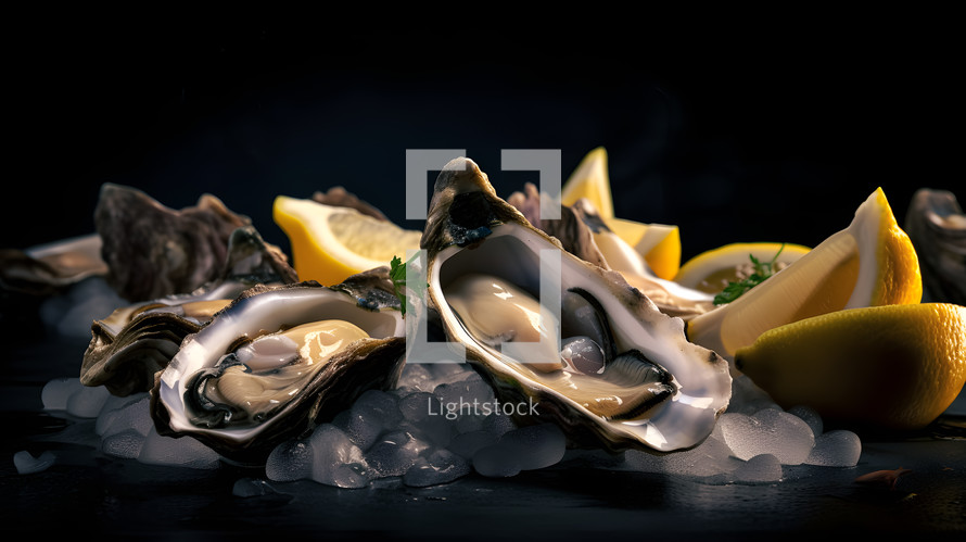 Abstract art. Colorful painting art of an exquisite plate of food. Oysters with mignonette sauce and lemon wedges.