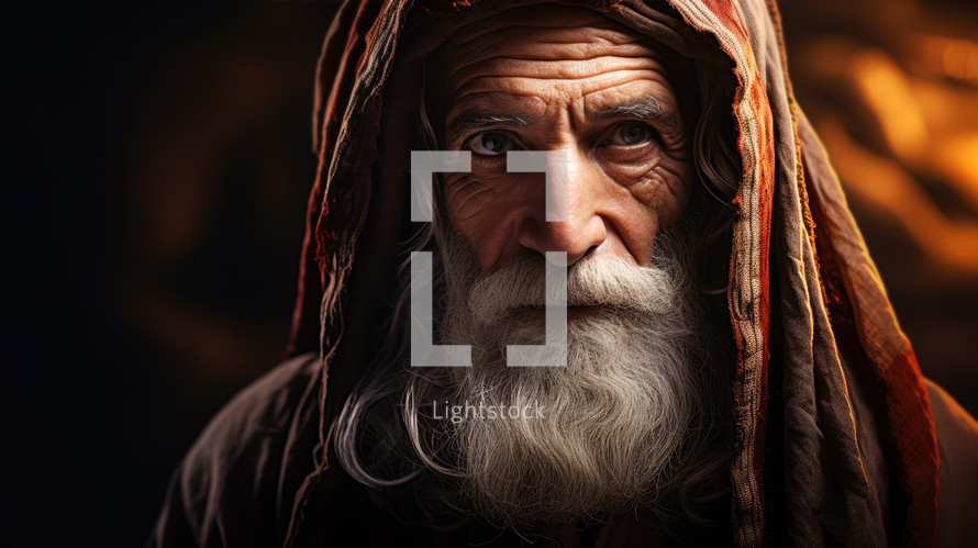 Close-up portrait of biblical old man. Patriarch Abraham, Isaac or Jacob. Christian illustration.