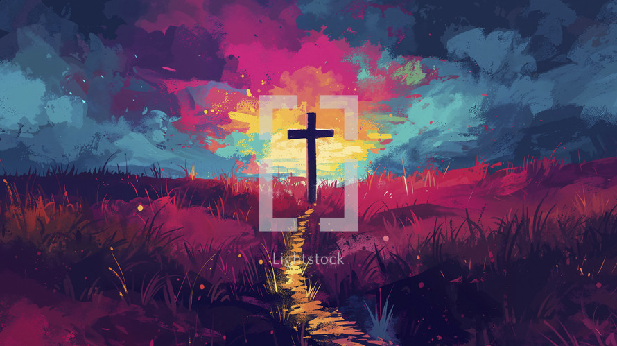 A vibrant, colorful depiction of a wooden cross at the end of an old road, set against a dynamic, painted sky, evoking a sense of guidance and spiritual journey.