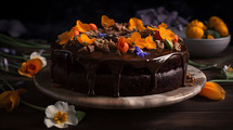 Abstract art. Colorful painting art of an exquisite plate of food. Chocolate carrot cake.