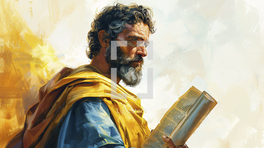 A contemplative figure with a manuscript, evoking the biblical Paul, set against a golden backdrop, captured in a detailed, painterly style.