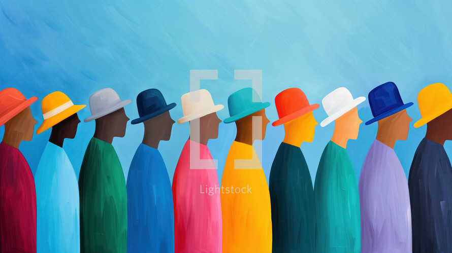 Vibrant illustration of diverse individuals in colorful hats, representing unity and inclusion against a bright blue background.