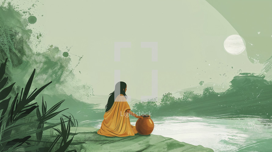 Illustration of a biblical Samaritan woman seated beside a well, draped in a yellow robe, with a serene landscape and a full moon in the background.