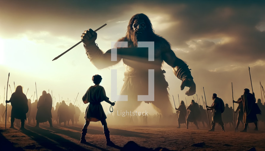 Biblical scene of youthful David confronting the towering giant Goliath. Old testament concept.