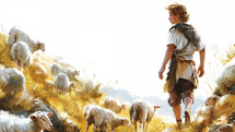 A youthful shepherd in biblical times leads his flock through golden fields.